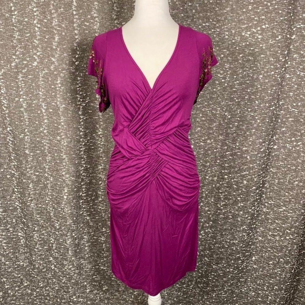 Free People Purple Sequin Ruched V-Neck Mini Dress Boho Women's Medium NWT
